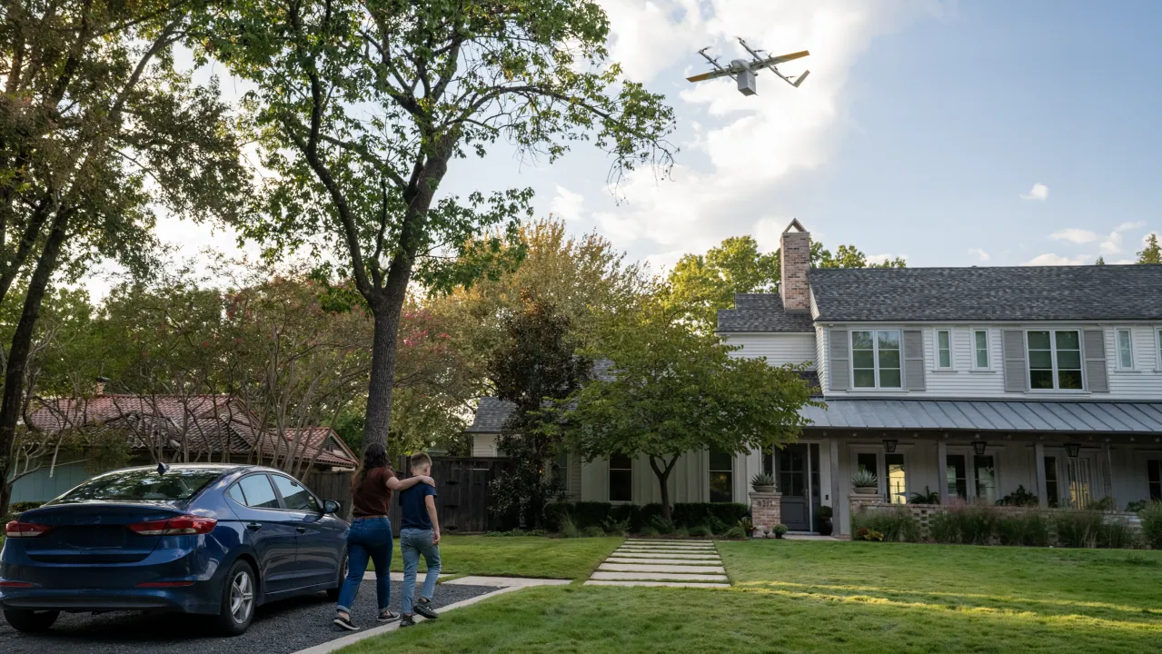 Wing delivery drone flying over the front yard of a two-story house as a woman and a boy walk past a parked blue sedan