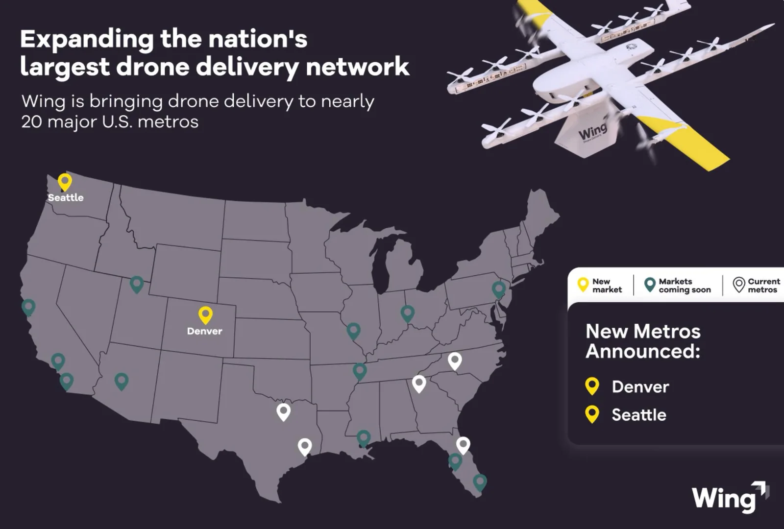 U.S. map from Wing showing current, new and coming-soon Walmart drone delivery metros
