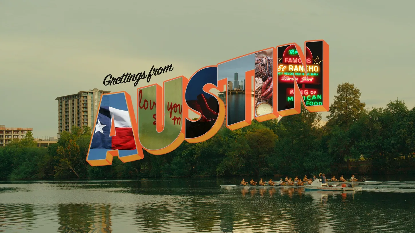 Postcard-style Greetings from Austin graphic over a photo of rowers on Lady Bird Lake, from Zipline's launch announcement
